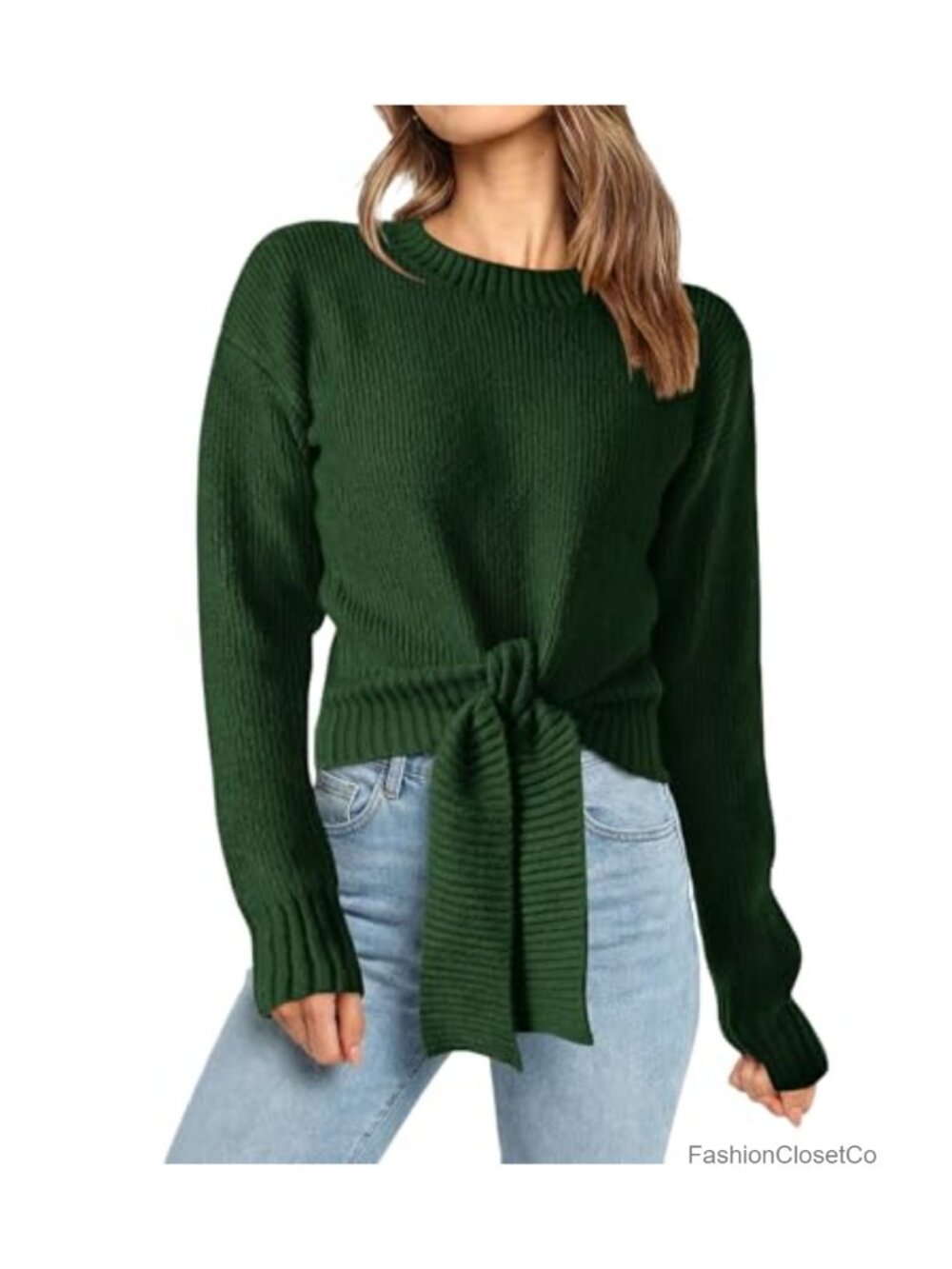 Womens Chunky Cable Knit Tie Front Crop Sweater Long Sleeve Pullover